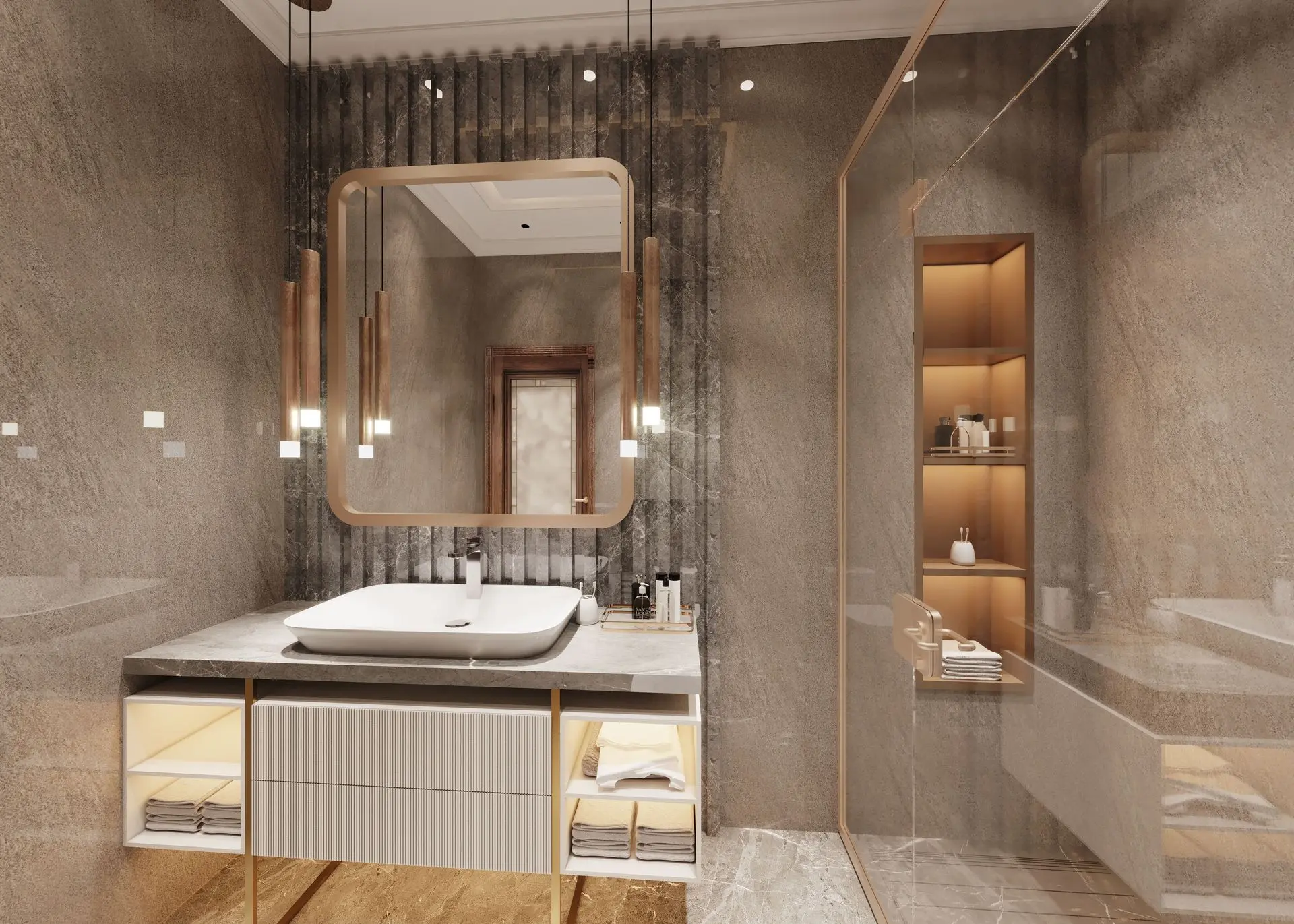 Modern hotel bathroom with vanity, basin, mirror and walk-in shower